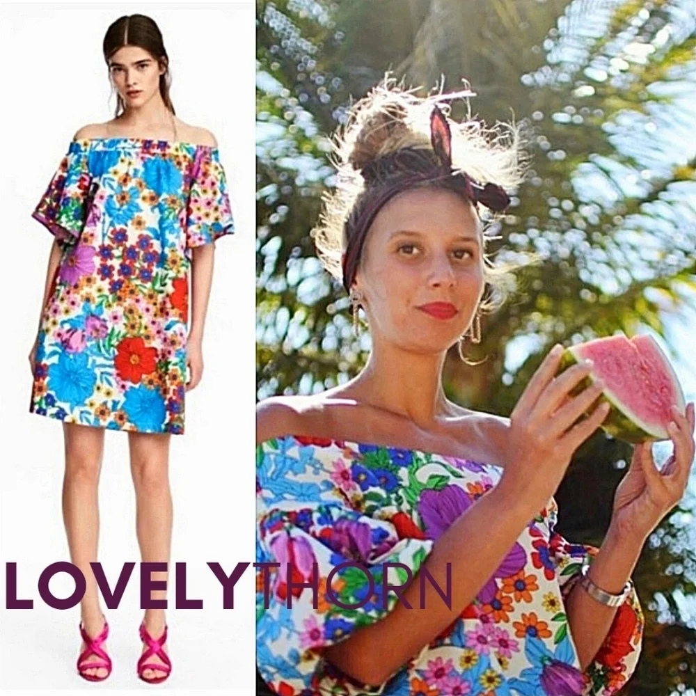 H&M // retro floral printed off-the-shoulder mini dress with pockets - Picture 8 of 12